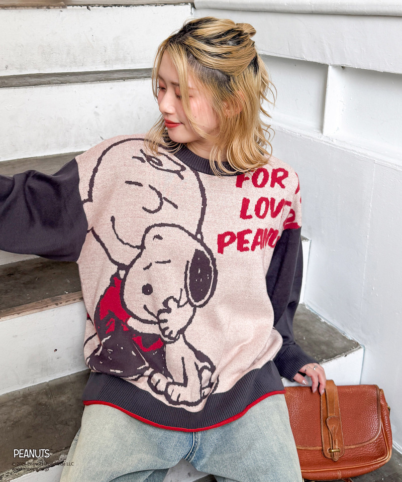 【PEANUTS】総柄ジャガードニットプルオーバー 詳細画像 グレー 16