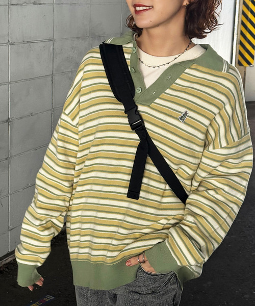 【m:rex】ミニ恐竜ワッペンレトロボーダーポロニット 詳細画像