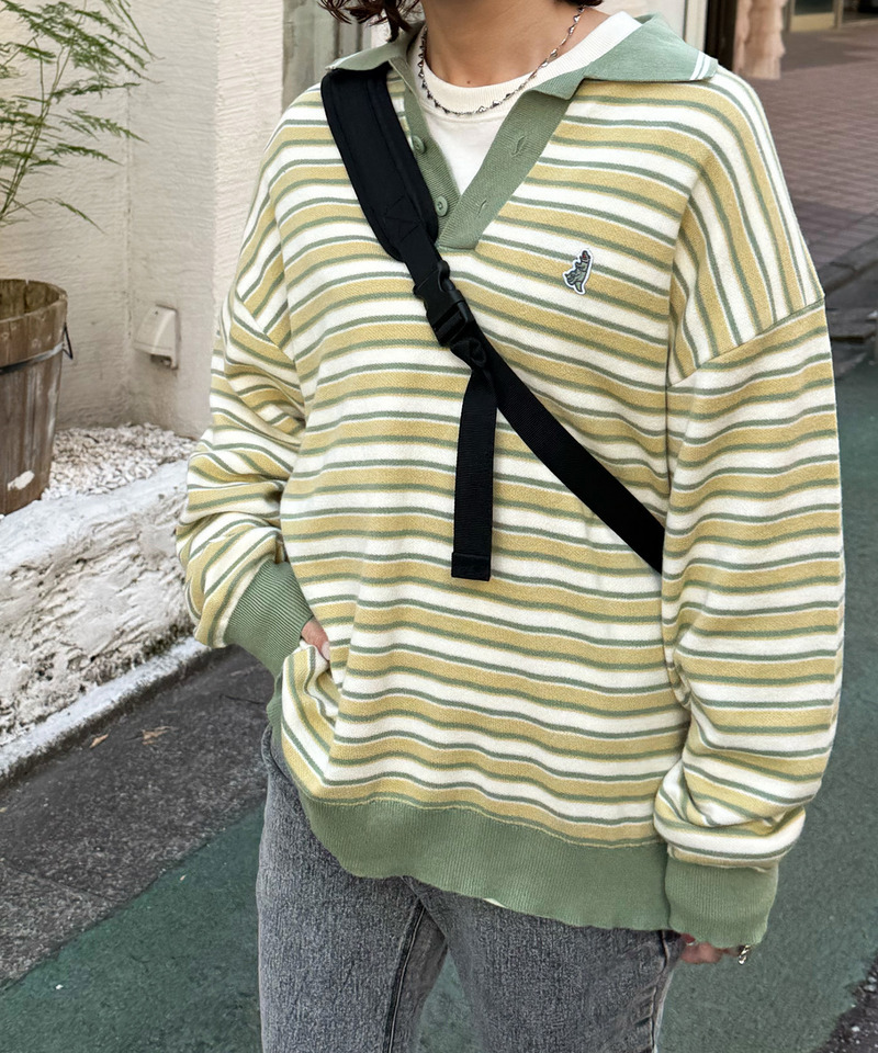 【m:rex】ミニ恐竜ワッペンレトロボーダーポロニット 詳細画像 カーキ 3