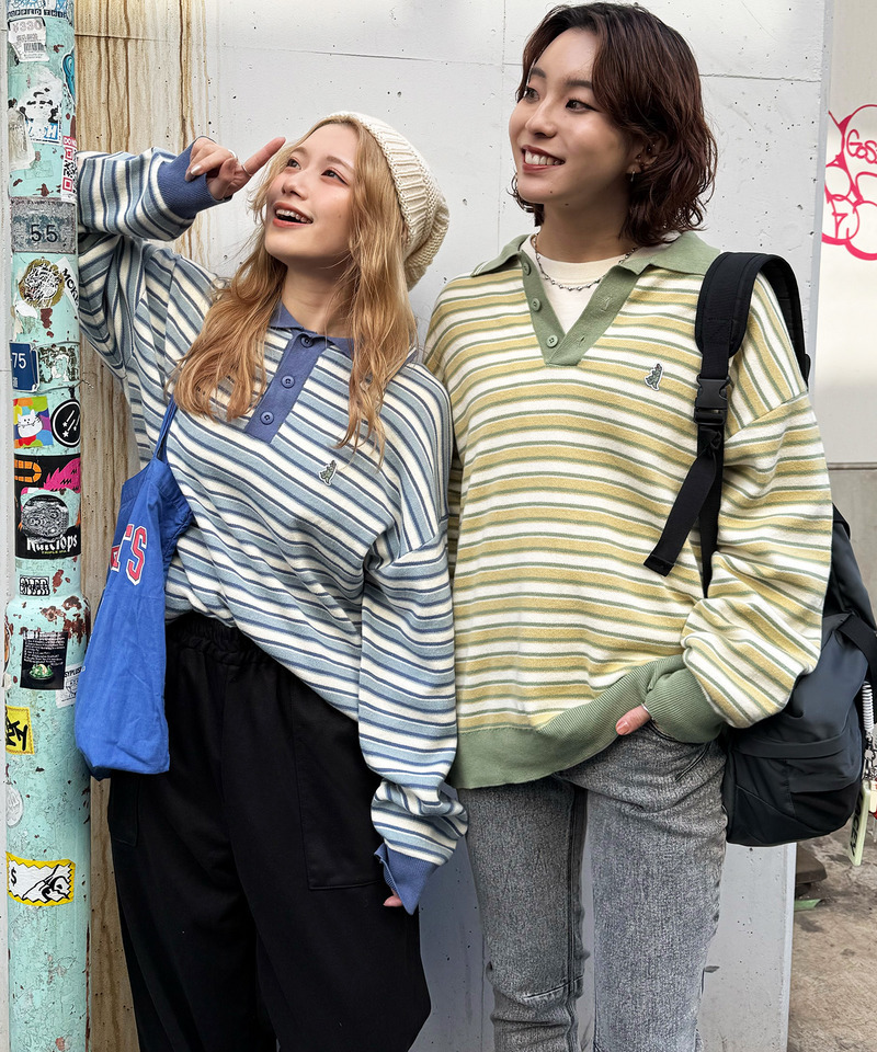 【m:rex】ミニ恐竜ワッペンレトロボーダーポロニット 詳細画像 カーキ 5