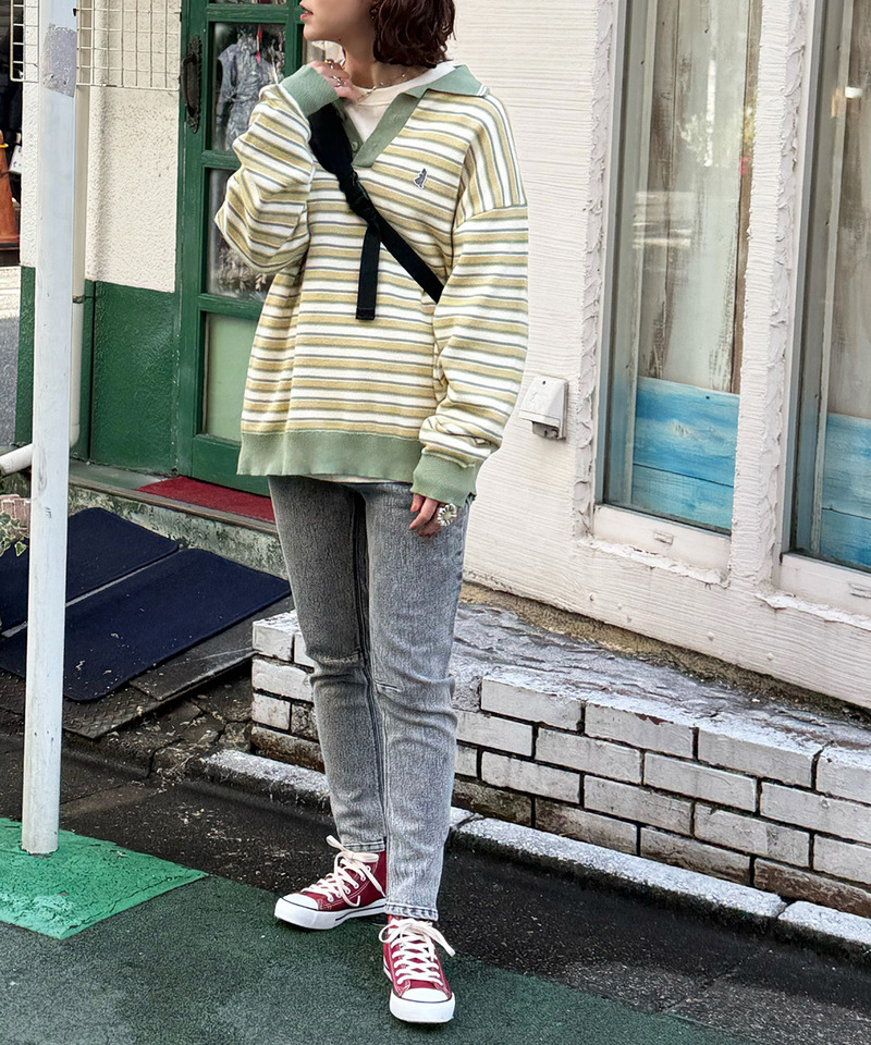 【m:rex】ミニ恐竜ワッペンレトロボーダーポロニット 詳細画像 カーキ 7