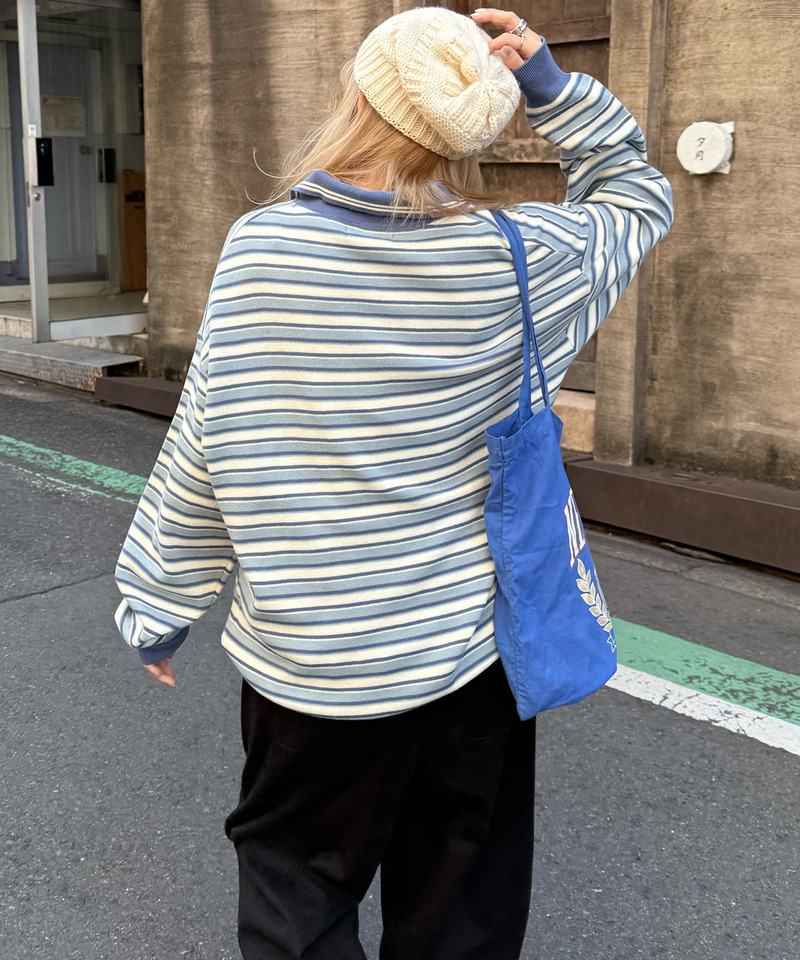 【m:rex】ミニ恐竜ワッペンレトロボーダーポロニット 詳細画像 ブルー 10