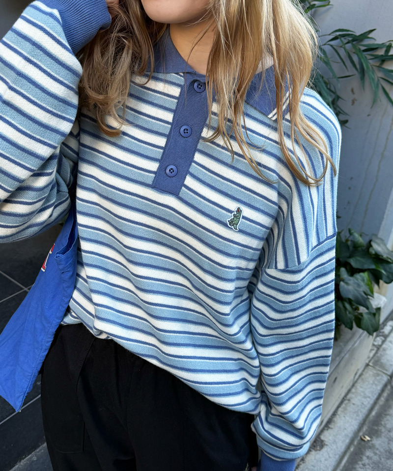 【m:rex】ミニ恐竜ワッペンレトロボーダーポロニット 詳細画像 ブルー 2