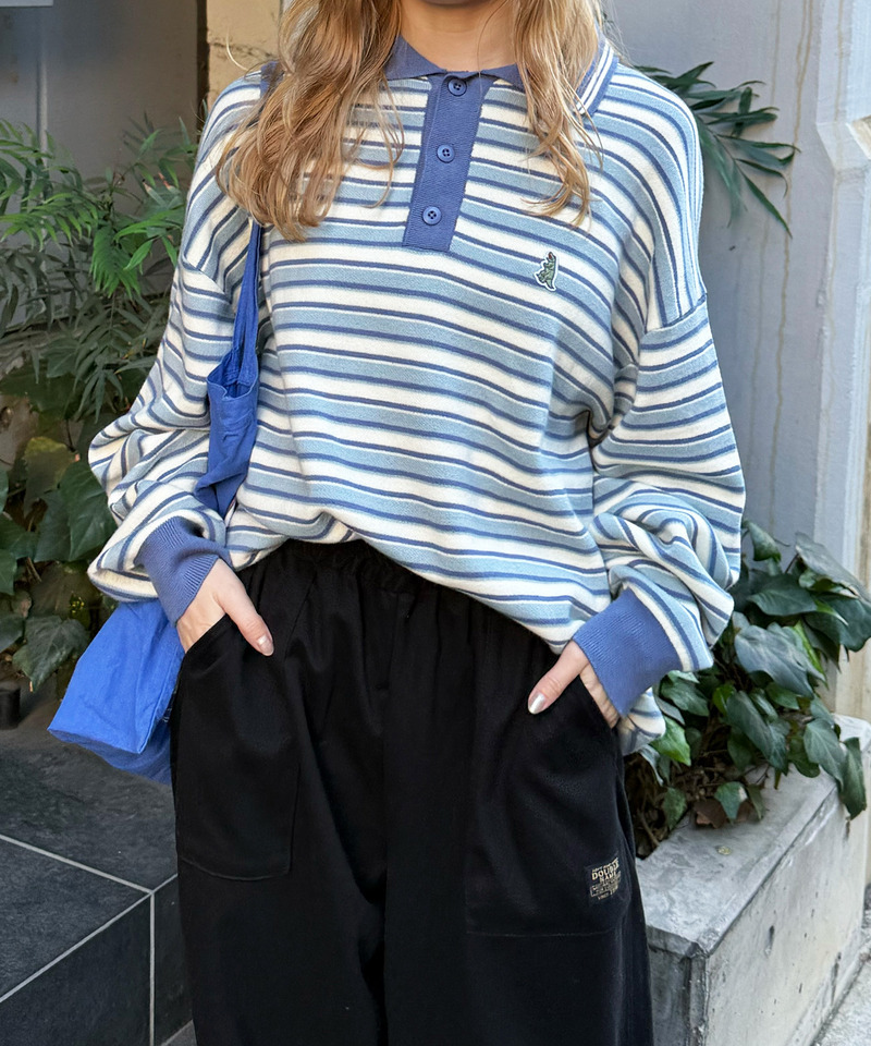 【m:rex】ミニ恐竜ワッペンレトロボーダーポロニット 詳細画像 ブルー 3