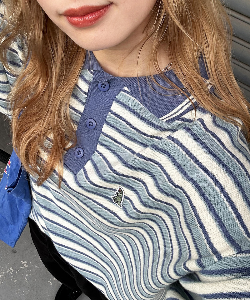 【m:rex】ミニ恐竜ワッペンレトロボーダーポロニット 詳細画像 ブルー 8