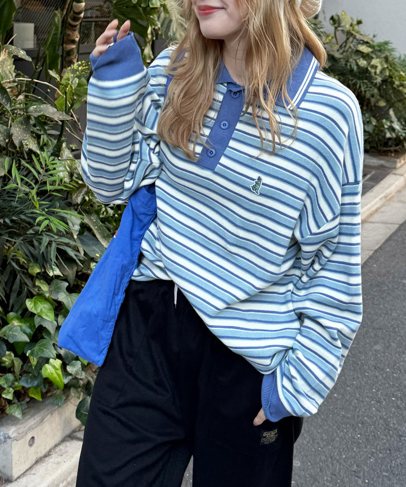 【m:rex】ミニ恐竜ワッペンレトロボーダーポロニット 詳細画像 ブルー 9