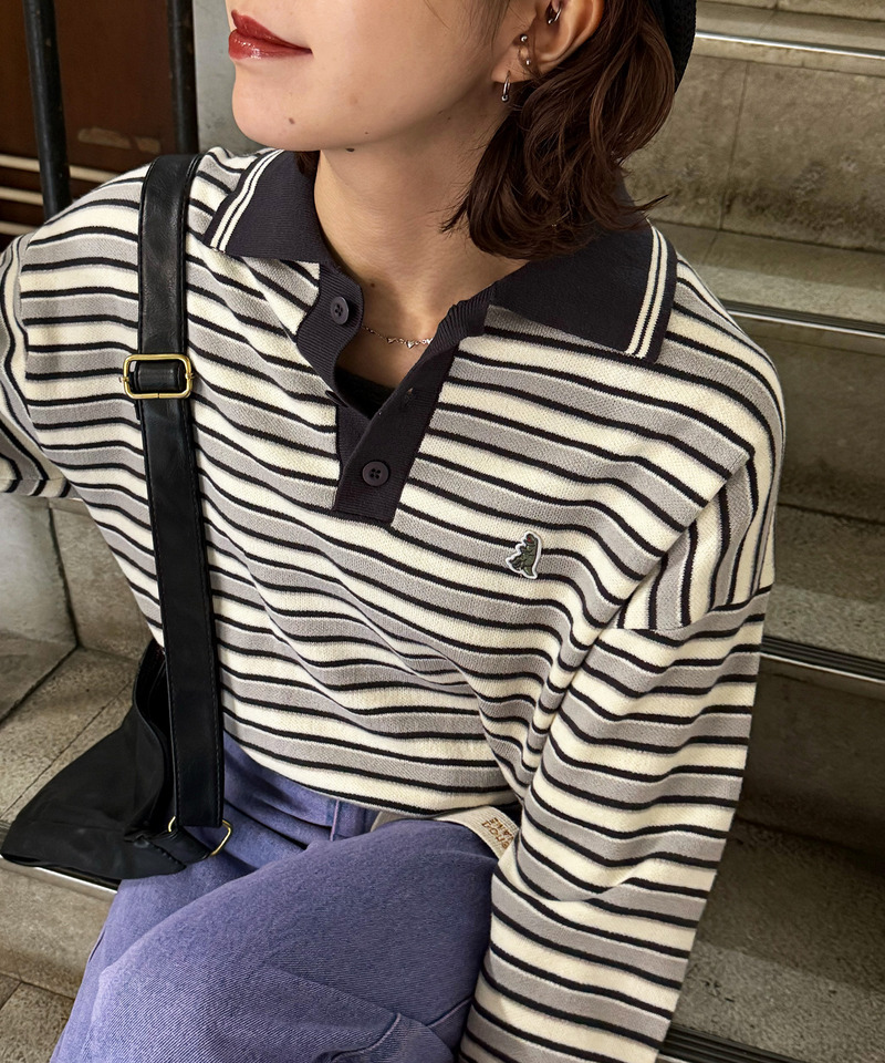 【m:rex】ミニ恐竜ワッペンレトロボーダーポロニット 詳細画像 ブラック 1