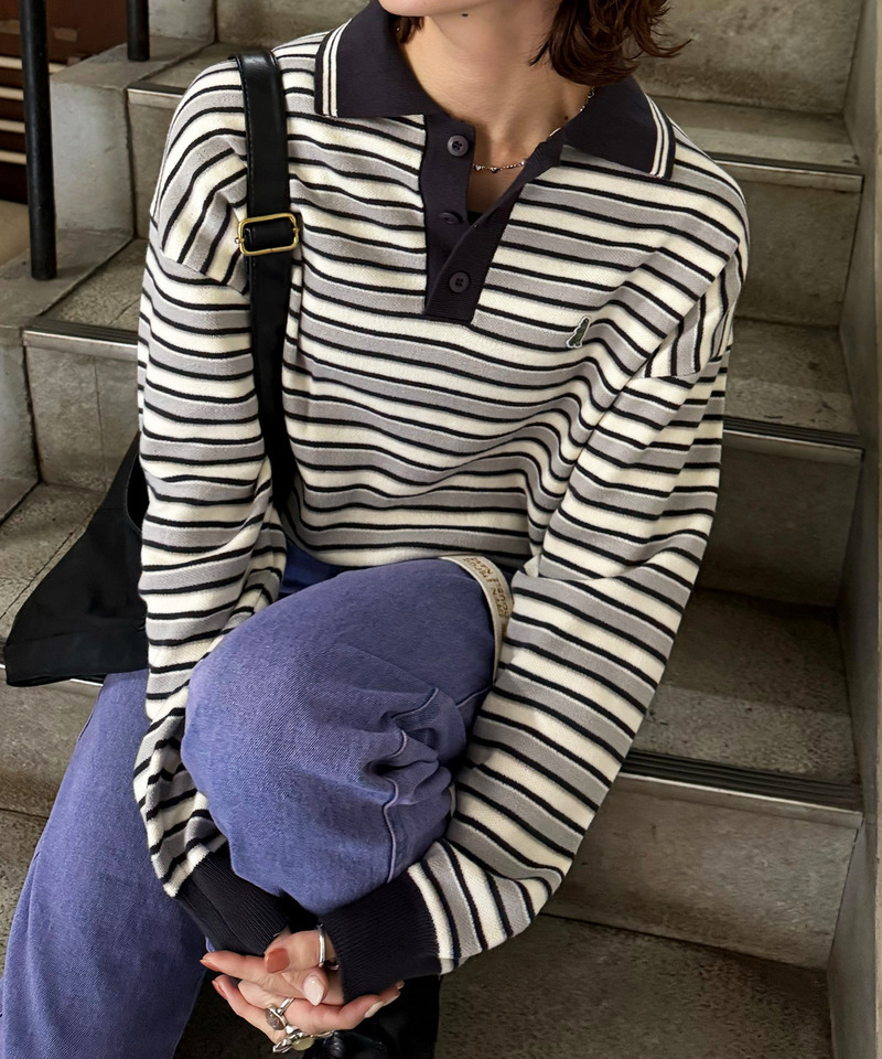 【m:rex】ミニ恐竜ワッペンレトロボーダーポロニット 詳細画像 ブラック 2