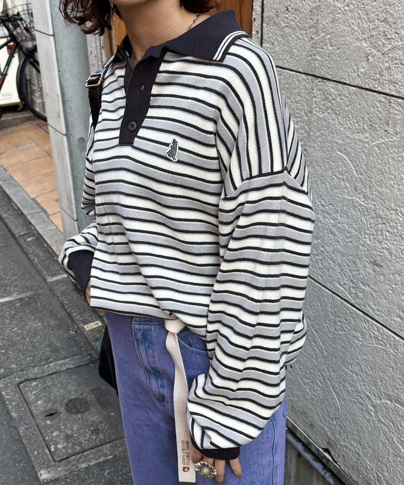 【m:rex】ミニ恐竜ワッペンレトロボーダーポロニット 詳細画像 ブラック 4