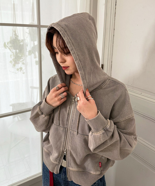 【m:rex】ミニ恐竜刺しゅうショート丈フードZIPパーカー 詳細画像