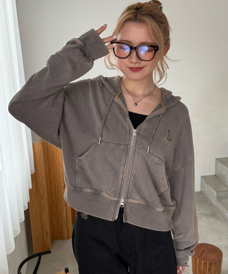 【m:rex】ミニ恐竜刺しゅうショート丈フードZIPパーカー 詳細画像 グレー 13