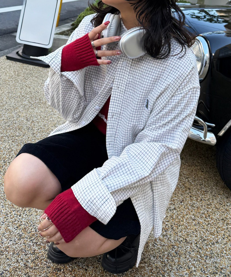 【m:rex】ミニ恐竜ワッペンウィンドウペンチェックシャツ 詳細画像 ホワイト 2