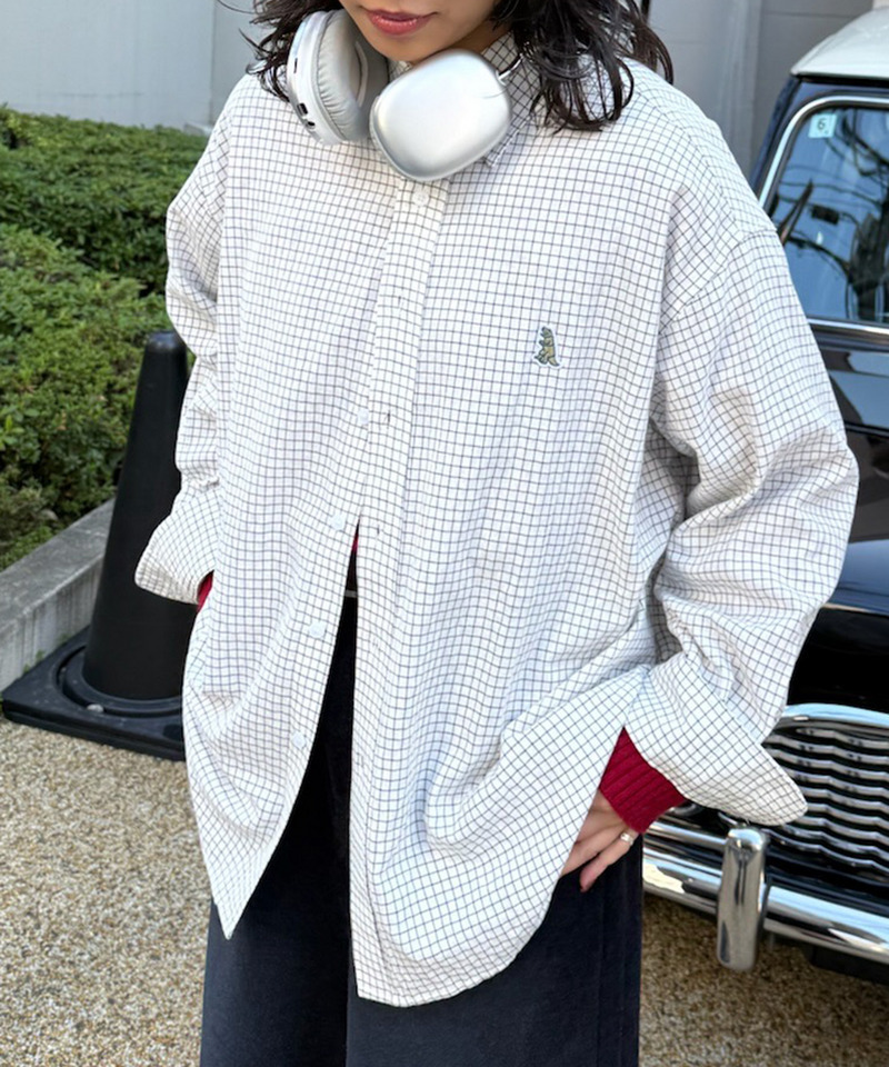 【m:rex】ミニ恐竜ワッペンウィンドウペンチェックシャツ 詳細画像 ホワイト 5