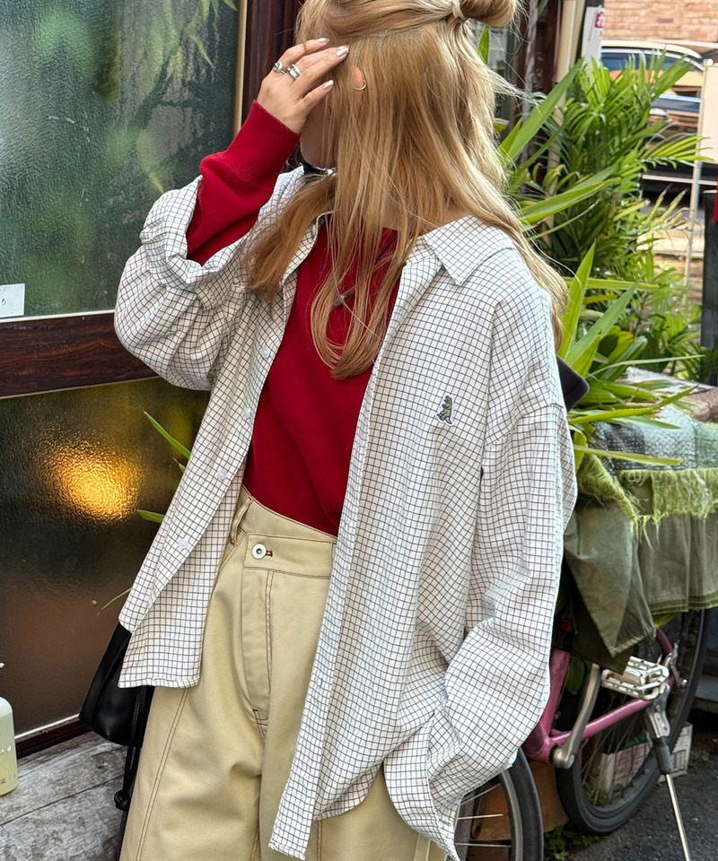 【m:rex】ミニ恐竜ワッペンウィンドウペンチェックシャツ 詳細画像 ホワイト 6