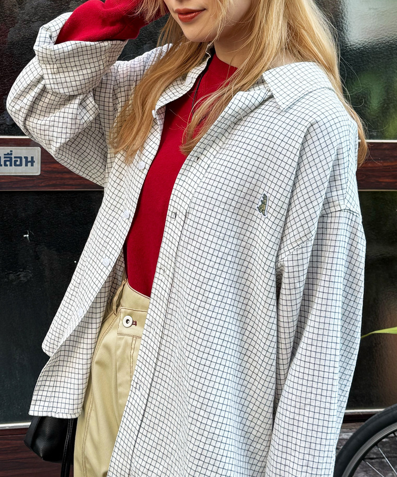 【m:rex】ミニ恐竜ワッペンウィンドウペンチェックシャツ 詳細画像 ホワイト 7