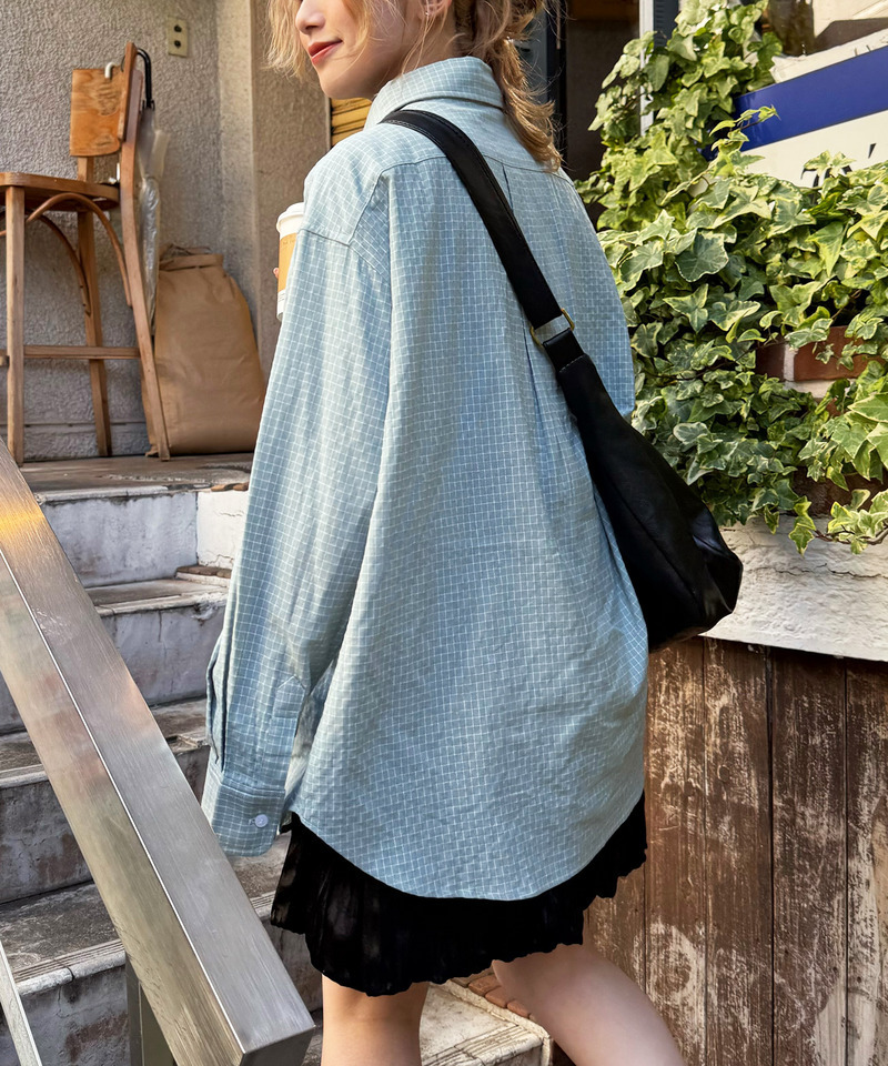 【m:rex】ミニ恐竜ワッペンウィンドウペンチェックシャツ 詳細画像 ブルー 11