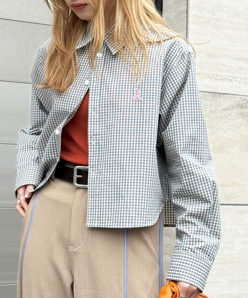 【m:rex】ミニ恐竜ワッペンショート丈チェックシャツ 詳細画像 ホワイト 11