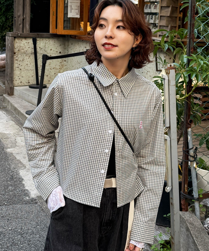 【m:rex】ミニ恐竜ワッペンショート丈チェックシャツ 詳細画像 ホワイト 2