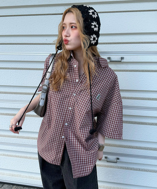 【m:rex】ミニ恐竜ワッペン半袖チェックシャツ