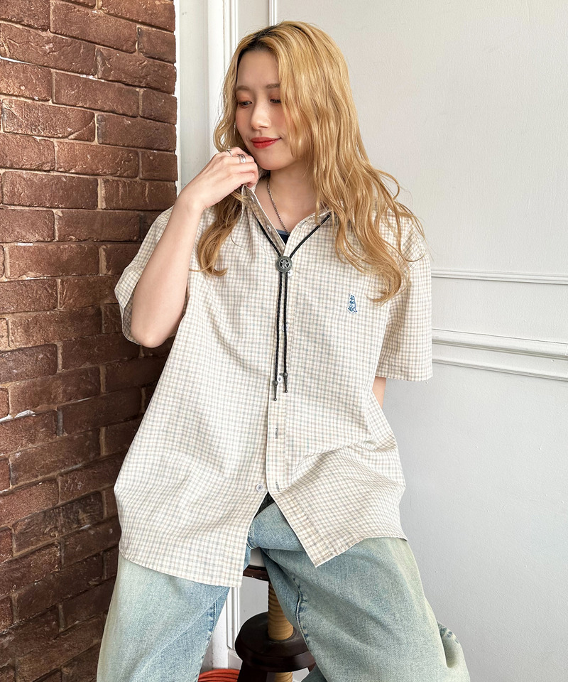 【m:rex】ミニ恐竜ワッペン半袖チェックシャツ 詳細画像 オフホワイト 2