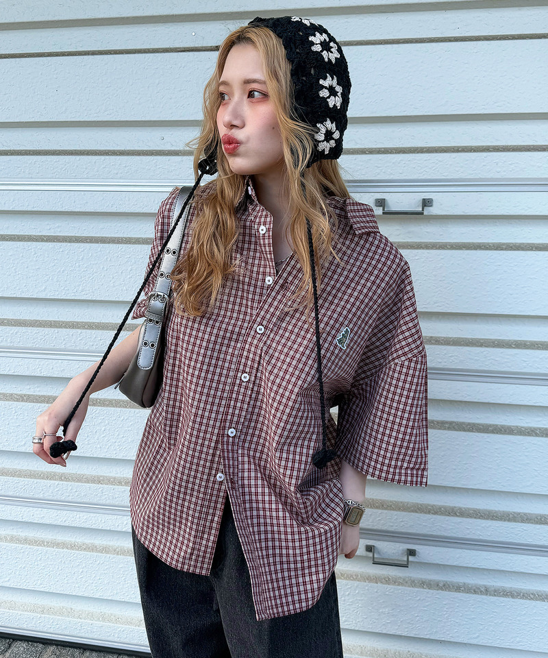 【m:rex】ミニ恐竜ワッペン半袖チェックシャツ 詳細画像 レッド 1