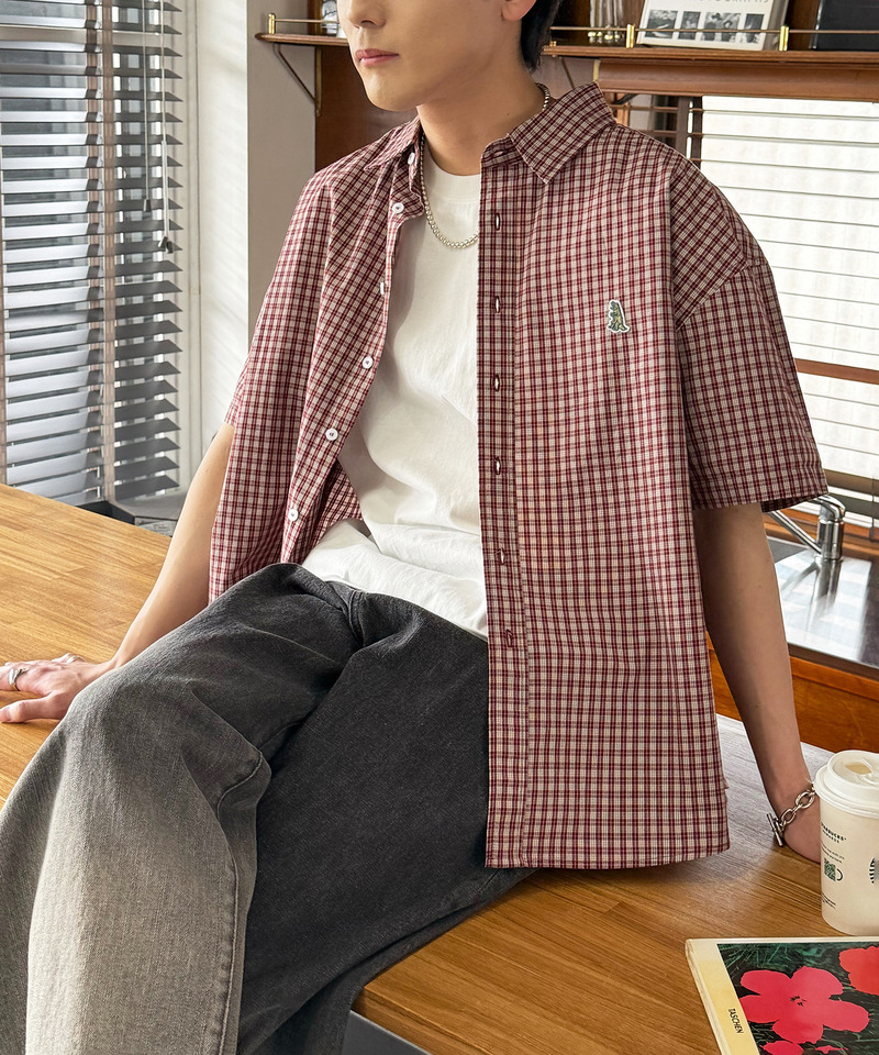 【m:rex】ミニ恐竜ワッペン半袖チェックシャツ 詳細画像 レッド 2