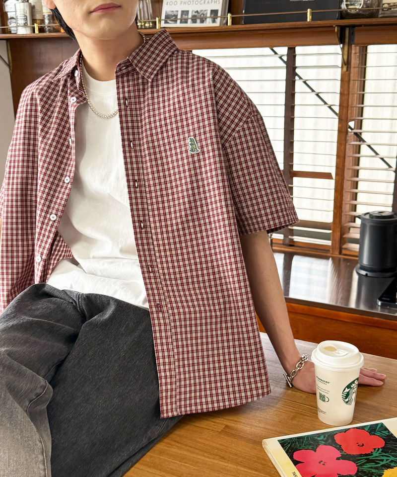 【m:rex】ミニ恐竜ワッペン半袖チェックシャツ 詳細画像 レッド 3