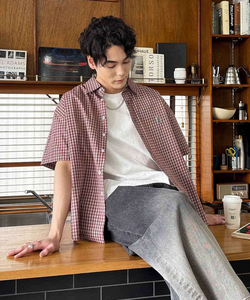 【m:rex】ミニ恐竜ワッペン半袖チェックシャツ 詳細画像 レッド 4