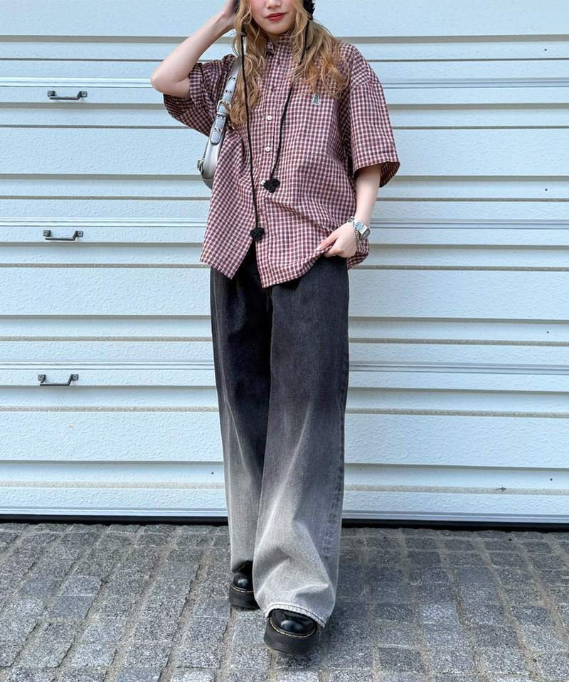 【m:rex】ミニ恐竜ワッペン半袖チェックシャツ 詳細画像 レッド 6