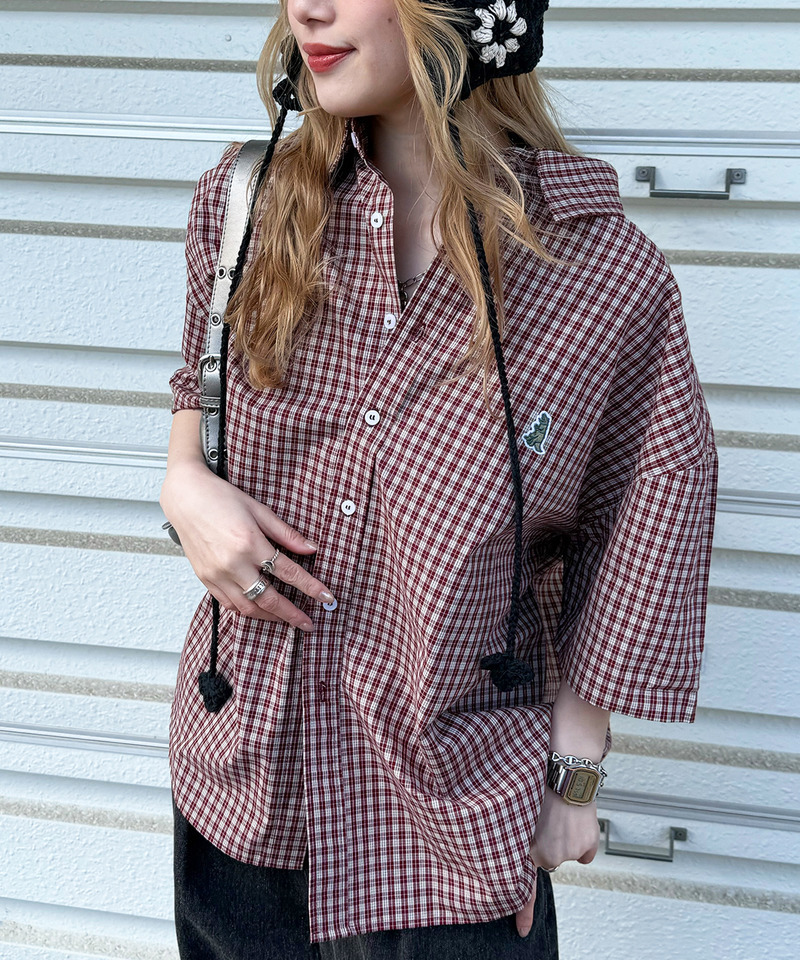 【m:rex】ミニ恐竜ワッペン半袖チェックシャツ 詳細画像 レッド 8