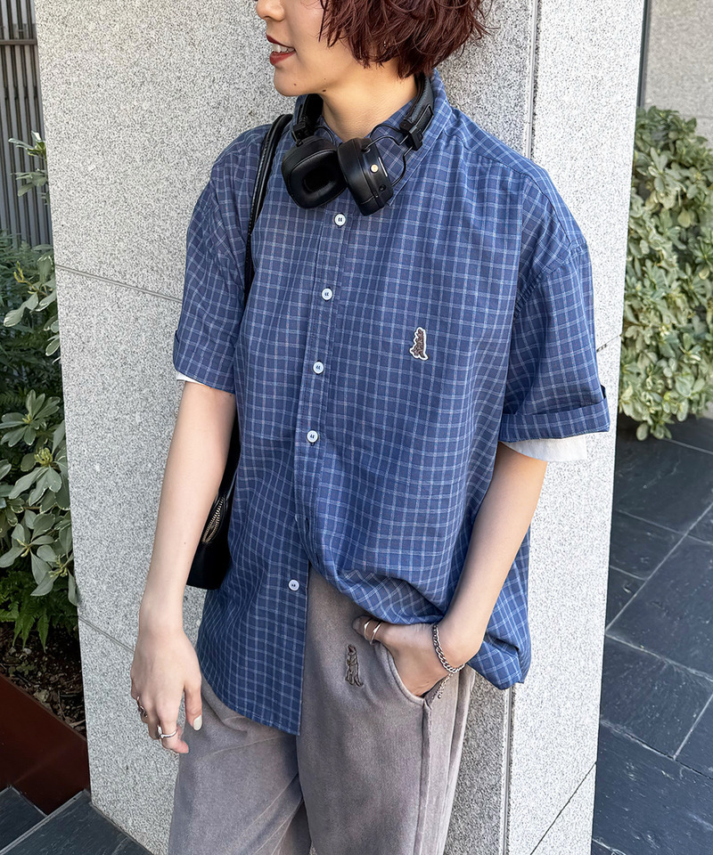 【m:rex】ミニ恐竜ワッペン半袖チェックシャツ 詳細画像 ブルー 1