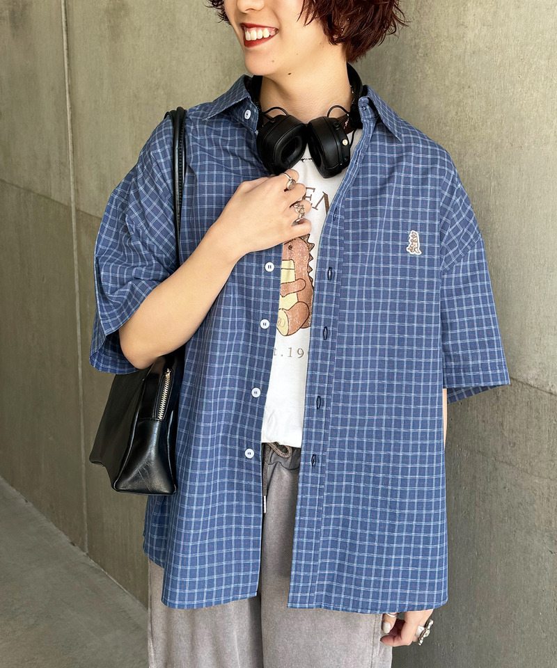 【m:rex】ミニ恐竜ワッペン半袖チェックシャツ 詳細画像 ブルー 2