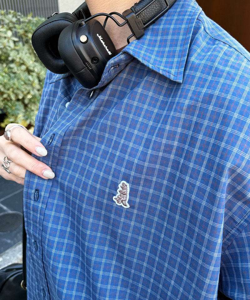 【m:rex】ミニ恐竜ワッペン半袖チェックシャツ 詳細画像 ブルー 3