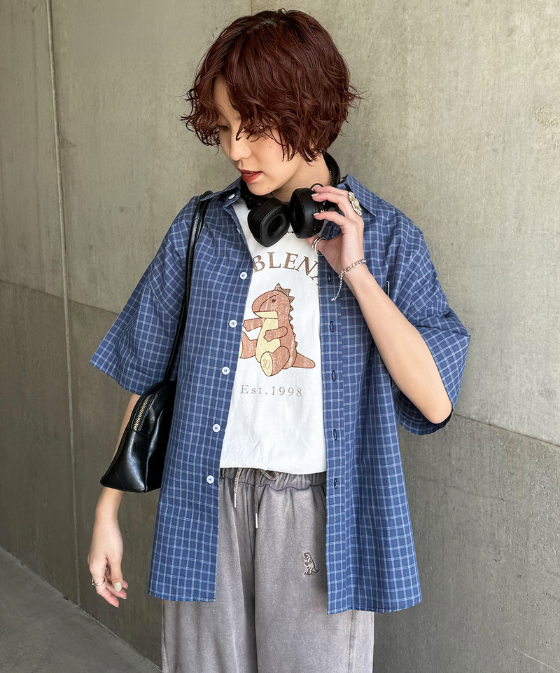 【m:rex】ミニ恐竜ワッペン半袖チェックシャツ 詳細画像 ブルー 4