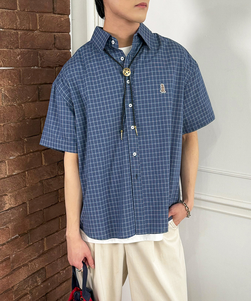 【m:rex】ミニ恐竜ワッペン半袖チェックシャツ 詳細画像 ブルー 9