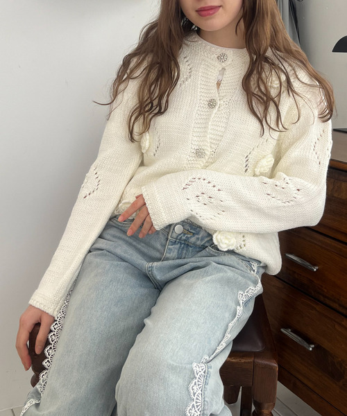 ビジューボタンフラワーカーディガン 詳細画像