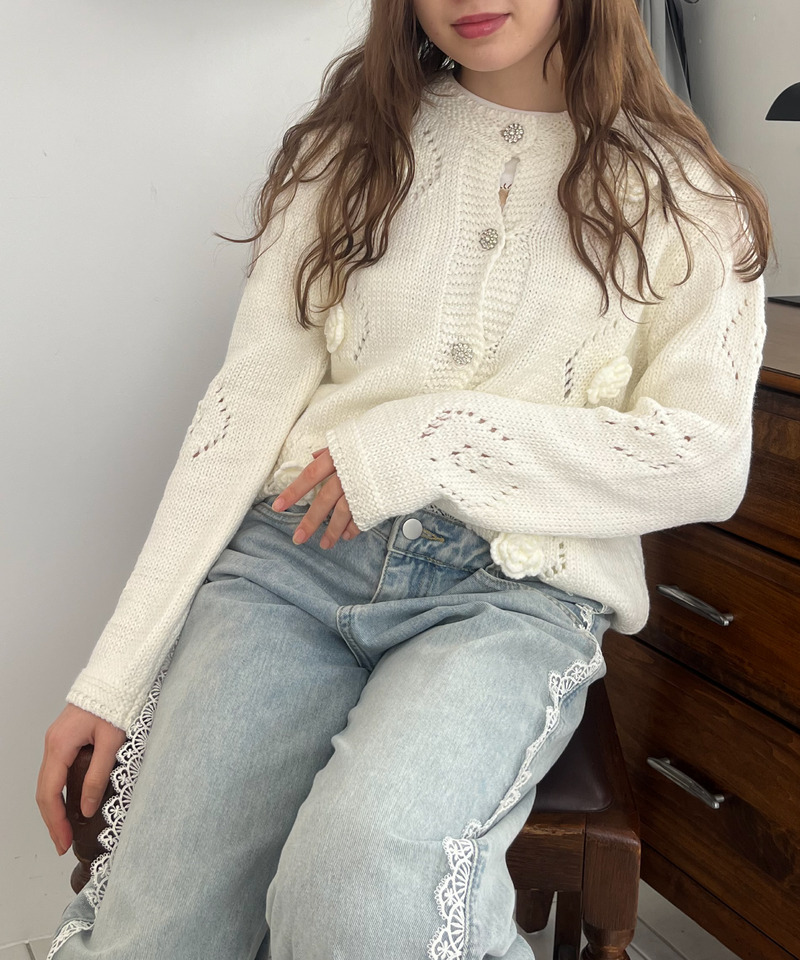 ビジューボタンフラワーカーディガン 詳細画像 オフホワイト 1