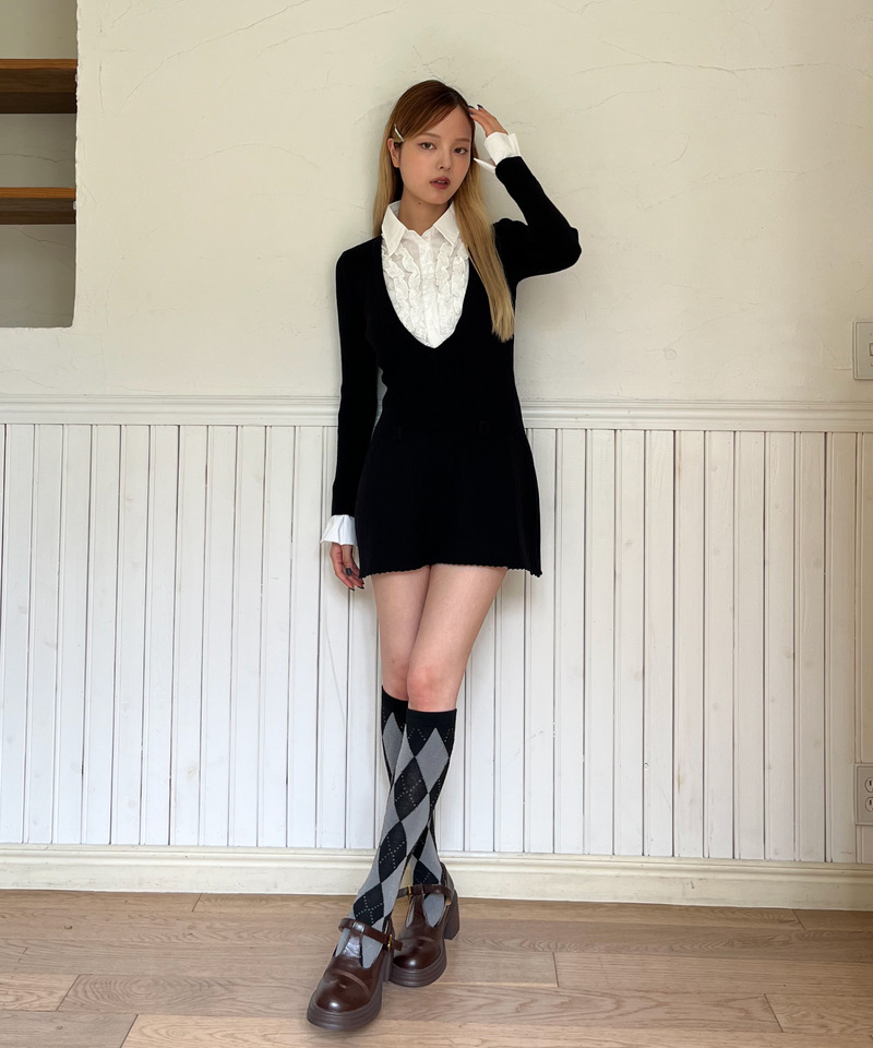 フリルシャツドッキングリブワンピース 詳細画像 ブラック 4