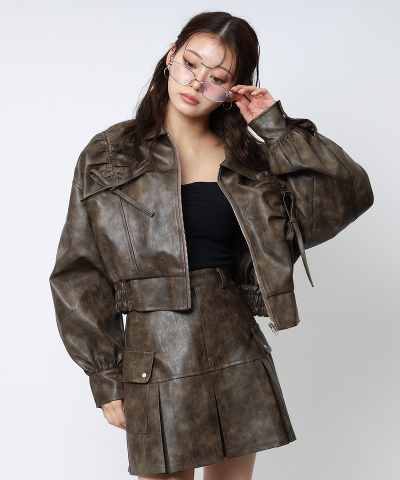 合皮ギャザーショートジャケット 詳細画像 ブラウン 1