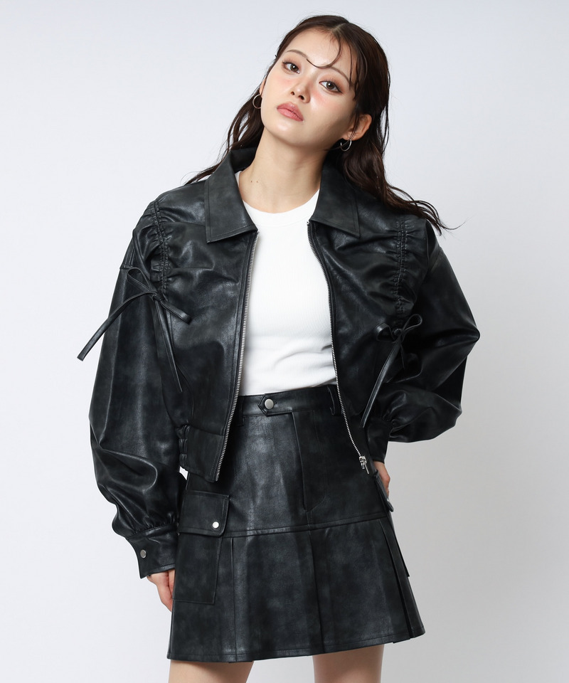 合皮ギャザーショートジャケット 詳細画像 ブラック 1