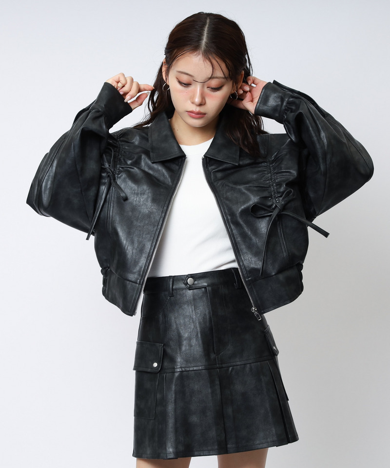 合皮ギャザーショートジャケット 詳細画像 ブラック 2