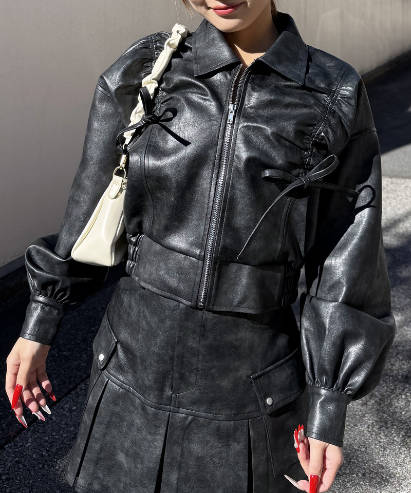 合皮ギャザーショートジャケット 詳細画像 ブラック 7