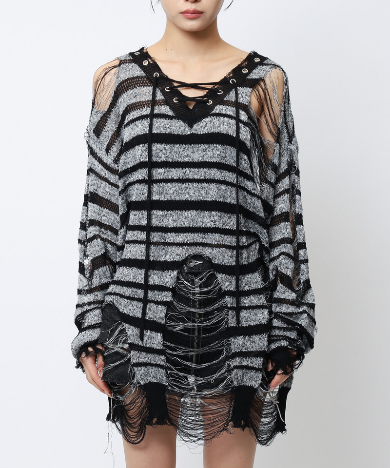 レースアップオーバーニット 詳細画像 ボーダー 10