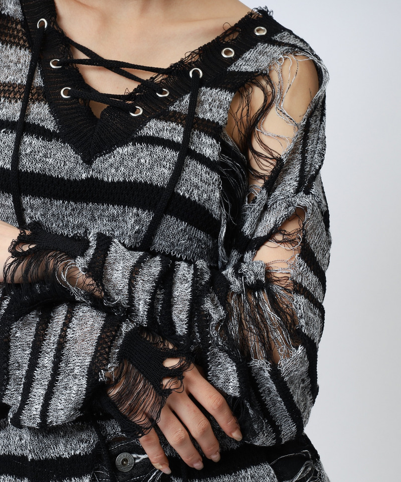 レースアップオーバーニット 詳細画像 ボーダー 14