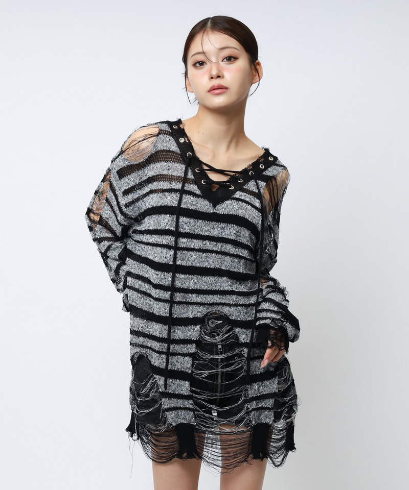 レースアップオーバーニット 詳細画像 ボーダー 18