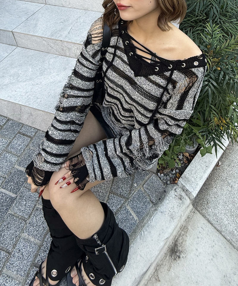 レースアップオーバーニット 詳細画像 ボーダー 6