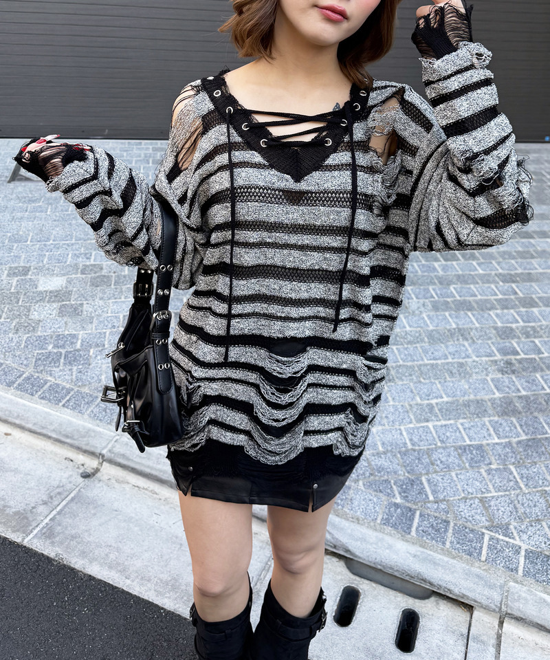 レースアップオーバーニット 詳細画像 ボーダー 8