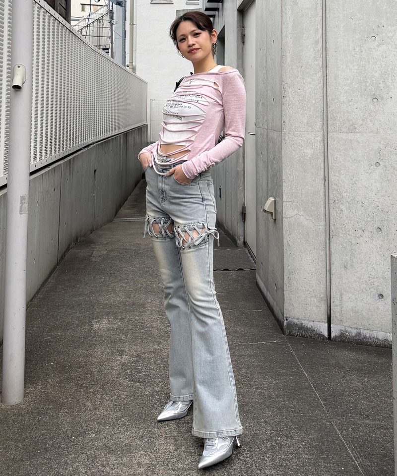 レースアップサイドカットフレアパンツ 詳細画像 デニムブルー 11