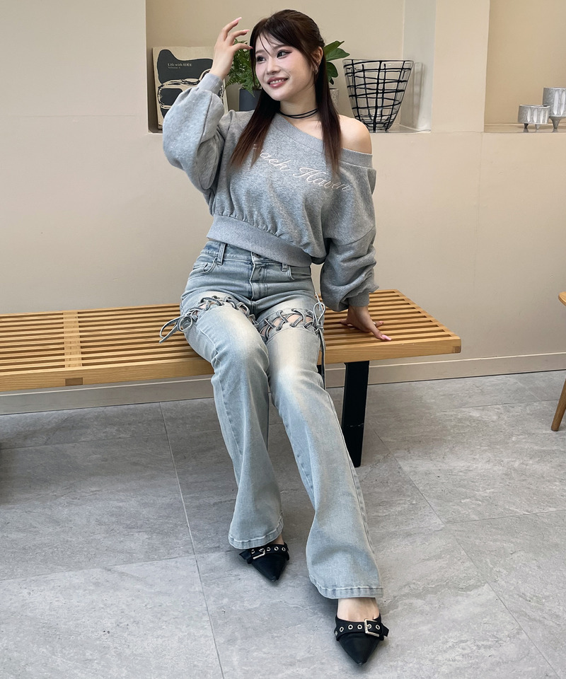 レースアップサイドカットフレアパンツ 詳細画像 デニムブルー 16