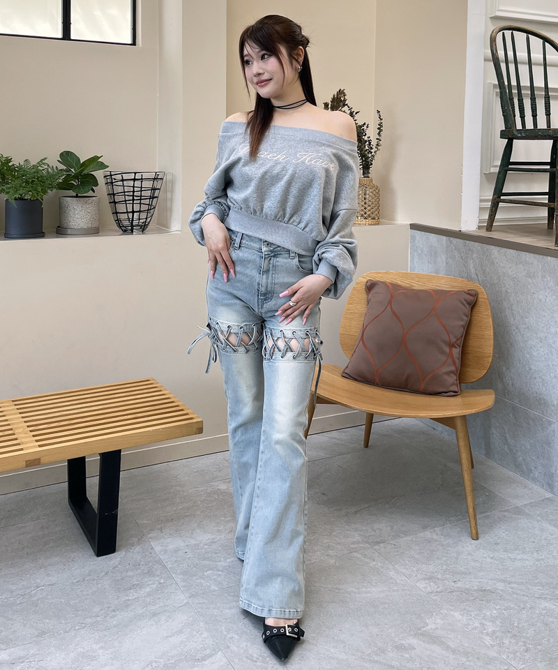 レースアップサイドカットフレアパンツ 詳細画像 デニムブルー 17